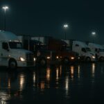 black night time row of trucks in truck stop lights on
