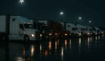 black night time row of trucks in truck stop lights on