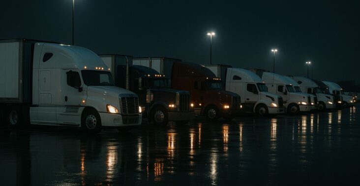 black night time row of trucks in truck stop lights on